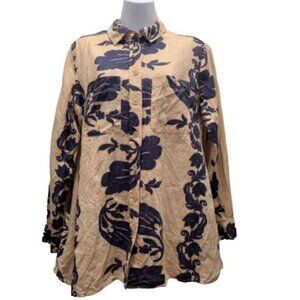 Soft Surroundings Women Shirt M Button Up Linen Navy/Beige Aloha Hawaiian Floral